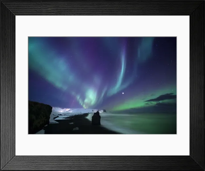 Framed Print : Northern lights over Reynisfjara beach in winter, Sudurland, Iceland Framed Print : Northern lights over Reynisfjara beach in winter, Sudurland, Iceland