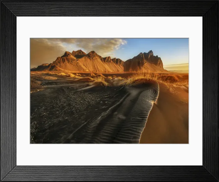 Framed Print : Vestrahorn mountain from Skokksness beach at sunrise, Eastern Iceland Framed Print : Vestrahorn mountain from Skokksness beach at sunrise, Eastern Iceland