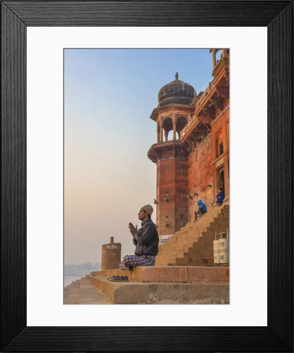 Framed Print : Hinduist practicising meditation, Cityscape from Ganges, Varanasi, Uttar Pradesh, India Framed Print : Hinduist practicising meditation, Cityscape from Ganges, Varanasi, Uttar Pradesh, India
