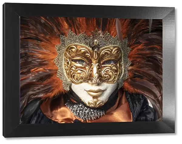 A woman in a feather Venetian mask poses during the Venice Carnival, Burano, Venice