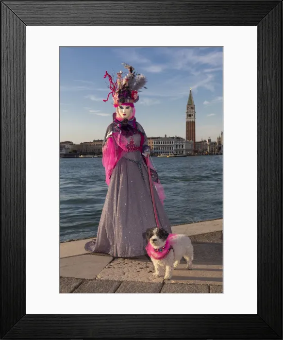 Framed Print : A woman and her dog pose in costume during the Venice Carnival, San Giorgio Maggiore Framed Print : A woman and her dog pose in costume during the Venice Carnival, San Giorgio Maggiore
