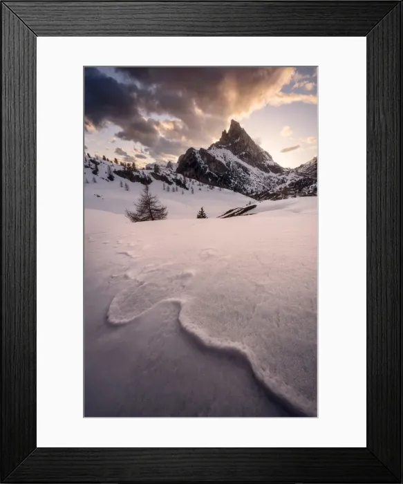 Framed Print : Snowy peaks of the Dolomites during a fiery sunset from the Falzarego Pass, Dolomites Framed Print : Snowy peaks of the Dolomites during a fiery sunset from the Falzarego Pass, Dolomites