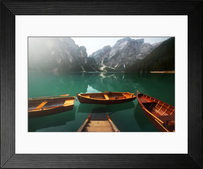 Framed Print : The iconic Braies lake (Pragser Wildsee) during a summer morning in the Dolomites, Italy Framed Print : The iconic Braies lake (Pragser Wildsee) during a summer morning in the Dolomites, Italy