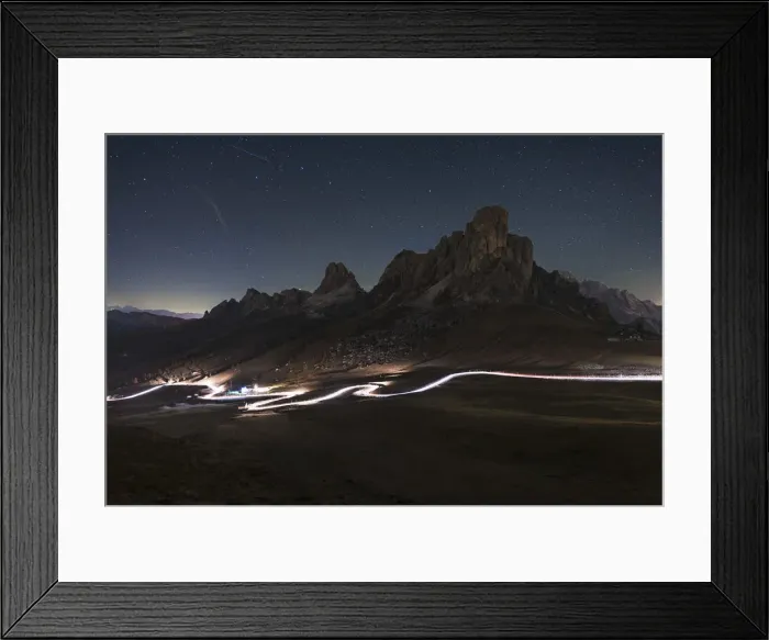 Framed Print : Car trail at night on the Giau Pass, Dolomites, Italy Framed Print : Car trail at night on the Giau Pass, Dolomites, Italy