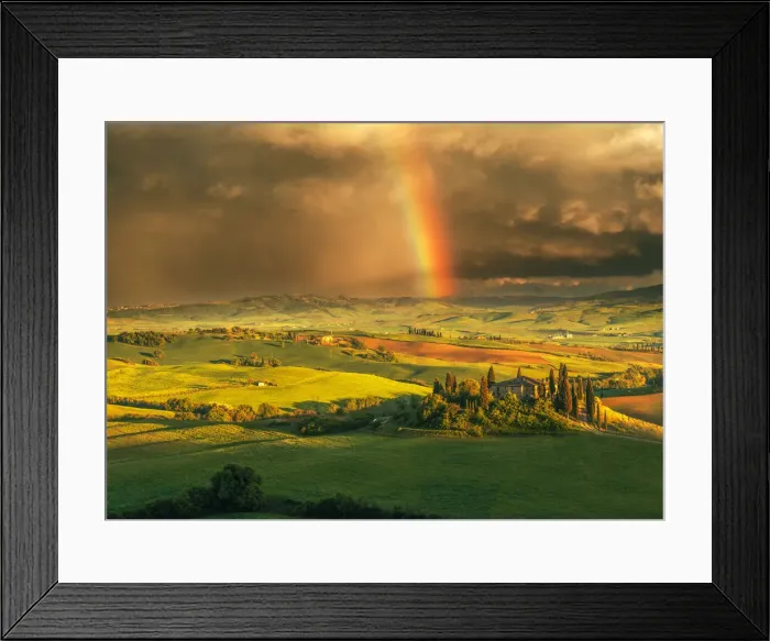 Framed Print : Podere Belvedere after a storm with rainbow, Val d Orcia, Tuscany, Italy Framed Print : Podere Belvedere after a storm with rainbow, Val d Orcia, Tuscany, Italy