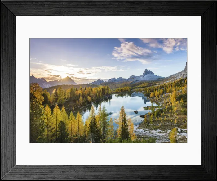 Framed Print : Sunrise at Lake Federa in Autumn, Cortina daaAmpezzo, Veneto, Italy Framed Print : Sunrise at Lake Federa in Autumn, Cortina daaAmpezzo, Veneto, Italy