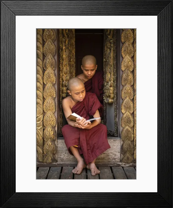 Framed Print : Two novice monks reading a book at a monastery, Mandalay, Mandalay District Framed Print : Two novice monks reading a book at a monastery, Mandalay, Mandalay District