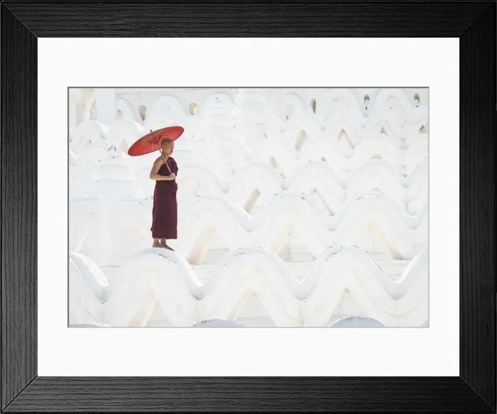 Framed Print : Novice monk with an umbrella standing at white Hsinbyume pagoda Framed Print : Novice monk with an umbrella standing at white Hsinbyume pagoda
