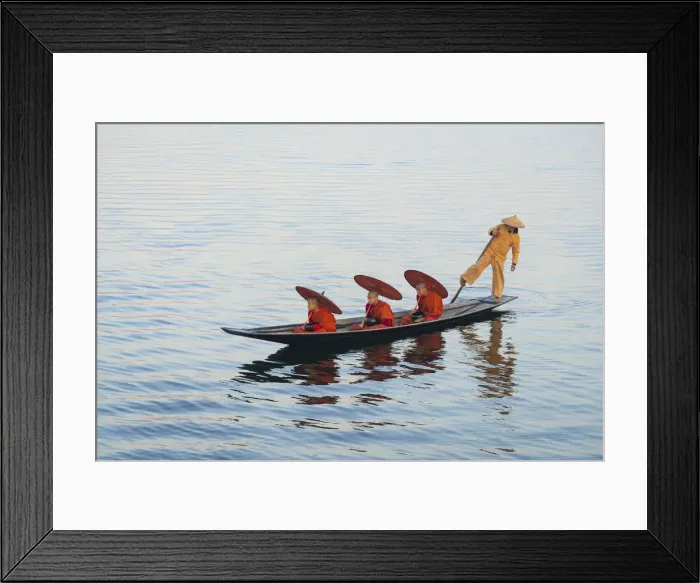 Framed Print : Three monks in orange robes with bowls for alms giving and a leg-rowing fisherman commute Framed Print : Three monks in orange robes with bowls for alms giving and a leg-rowing fisherman commute
