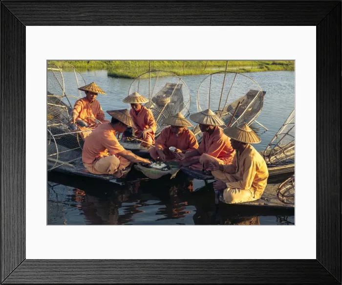 Framed Print : Traditional fishermen on Lake Inle having a supper on boats together, Lake Inle Framed Print : Traditional fishermen on Lake Inle having a supper on boats together, Lake Inle