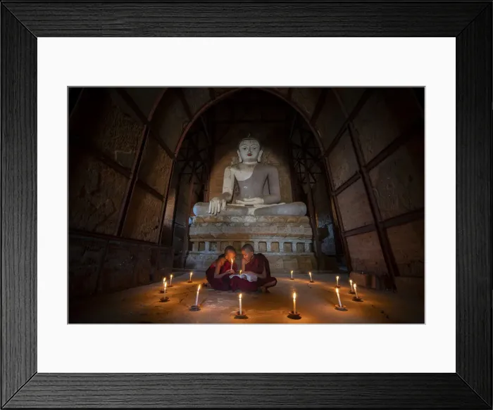 Framed Print : Two novice monks studying inside a temple under big Buddha statue, UNESCO, Bagan Framed Print : Two novice monks studying inside a temple under big Buddha statue, UNESCO, Bagan