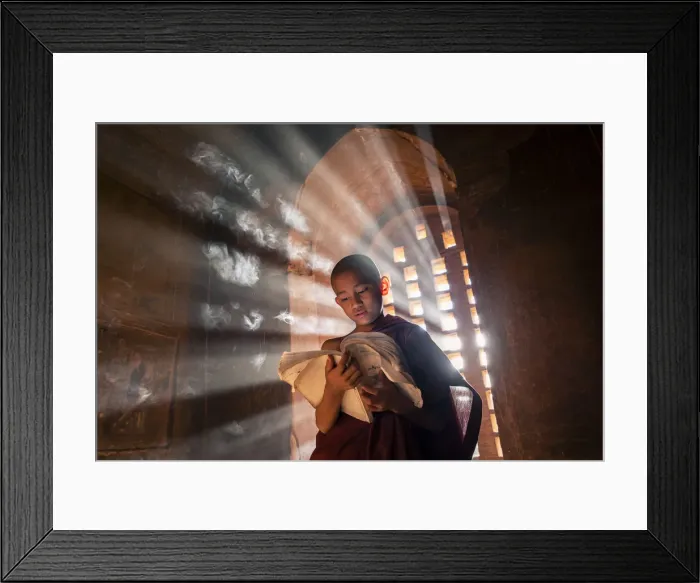 Framed Print : A young monk reading by a window inside a temple, UNESCO, Bagan, Mandalay Region, Myanmar Framed Print : A young monk reading by a window inside a temple, UNESCO, Bagan, Mandalay Region, Myanmar