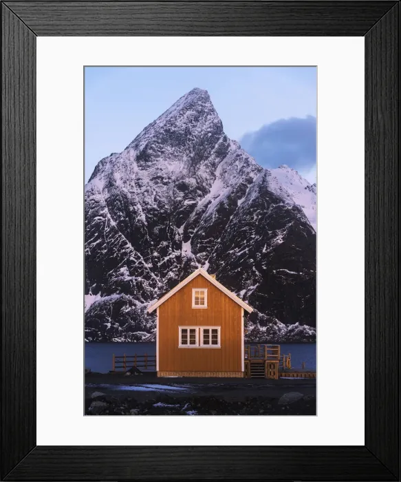 Framed Print : Fishermens cabin (rorbu) of Sakrisoy along the coast at sunrise in the Lofoten Framed Print : Fishermens cabin (rorbu) of Sakrisoy along the coast at sunrise in the Lofoten