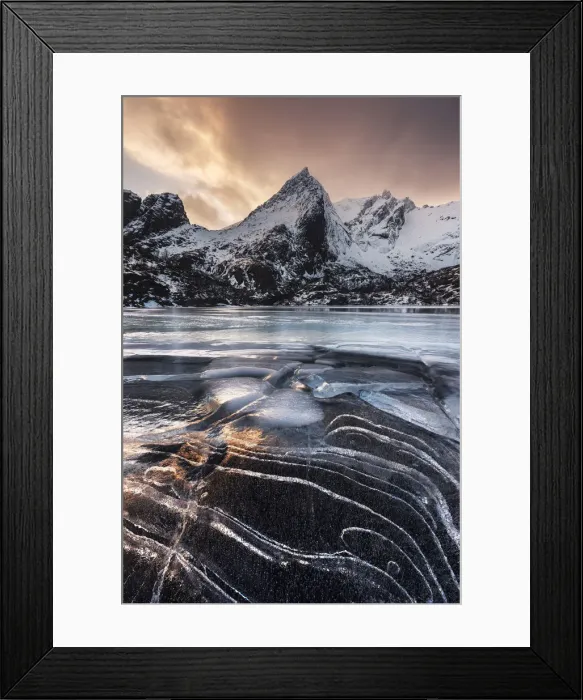 Framed Print : Frozen lake near Nusfjord at sunset, Lofoten islands, Norway Framed Print : Frozen lake near Nusfjord at sunset, Lofoten islands, Norway