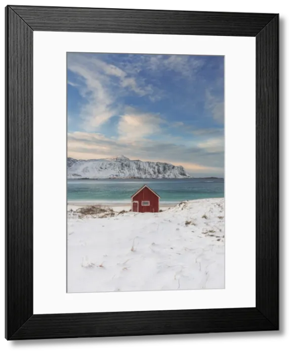 Framed Print : Lone cabin overlooking the fjord in the Lofoten islands, Norway Framed Print : Lone cabin overlooking the fjord in the Lofoten islands, Norway