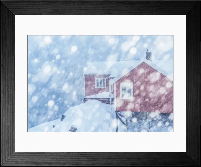 Framed Print : Fishermens houses (rorbuer) in Hamnoy during a snowfall, Lofoten islands, Norway Framed Print : Fishermens houses (rorbuer) in Hamnoy during a snowfall, Lofoten islands, Norway