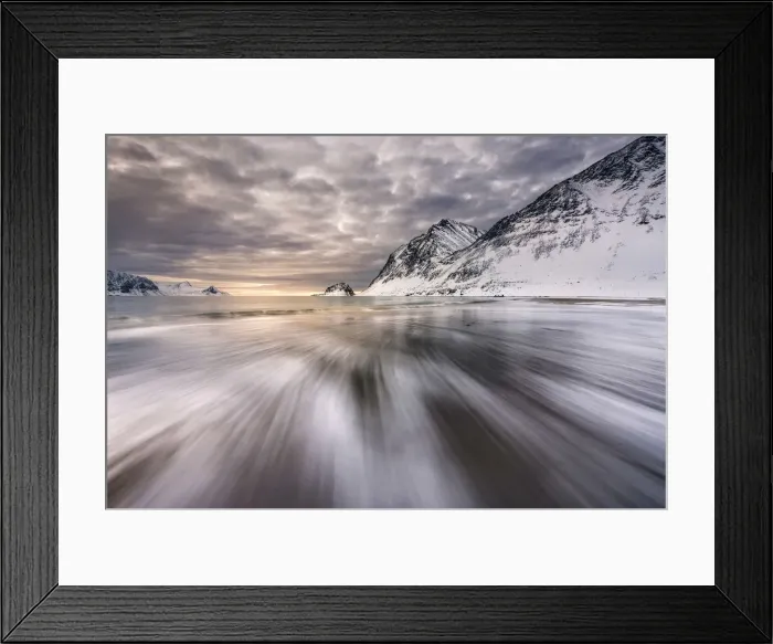 Framed Print : Haukland beach at sunset with low tide, Lofoten islands, Norway
