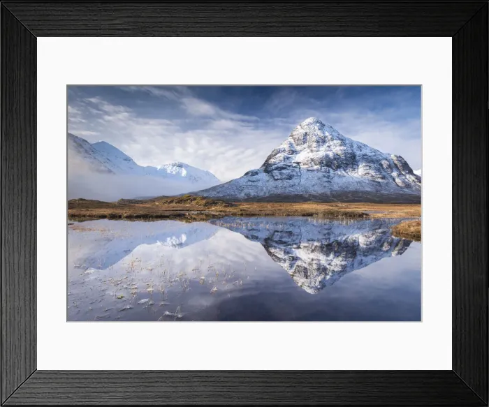 Framed Print : Buachaille Etive Beag mountain and reflection, Glencoe, Scotland. Winter Framed Print : Buachaille Etive Beag mountain and reflection, Glencoe, Scotland. Winter