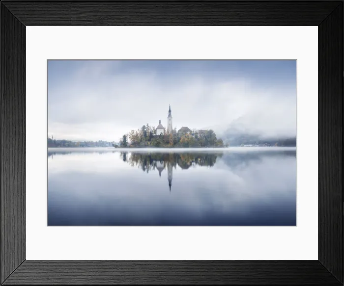 Framed Print : Lake Bled during a foggy autumn sunrise, Slovenia Framed Print : Lake Bled during a foggy autumn sunrise, Slovenia