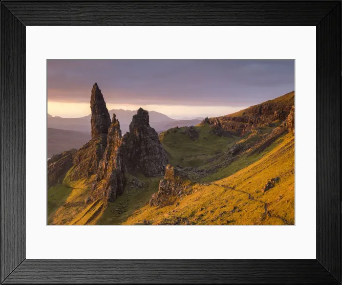 Framed Print : Early morning sunlight at the Old Man of Storr on the Isle of Skye, Scotland. Autumn Framed Print : Early morning sunlight at the Old Man of Storr on the Isle of Skye, Scotland. Autumn