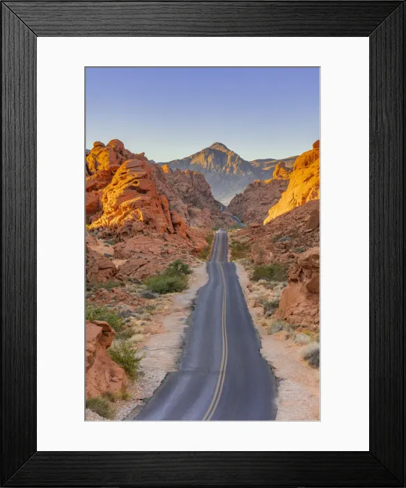 Framed Print : Straight road between red rocks at sunrise, Valley of Fire State Park, Nevada Framed Print : Straight road between red rocks at sunrise, Valley of Fire State Park, Nevada