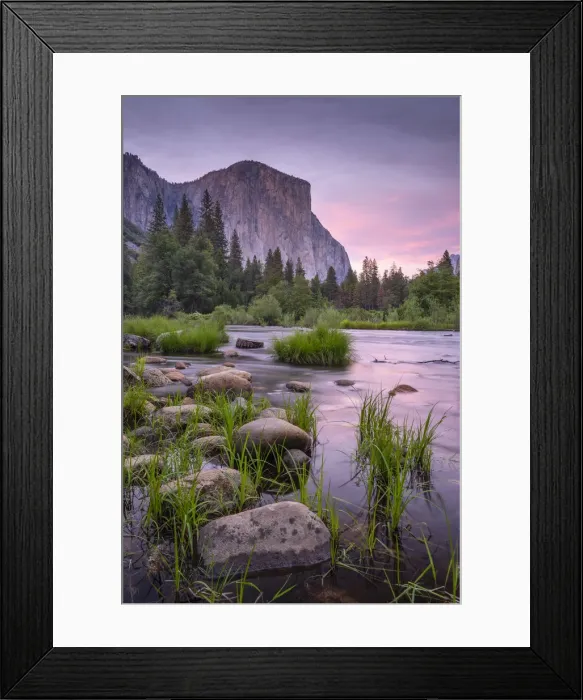 Framed Print : Pink twilight over the River Merced at Valley View, Yosemite National Park, California Framed Print : Pink twilight over the River Merced at Valley View, Yosemite National Park, California