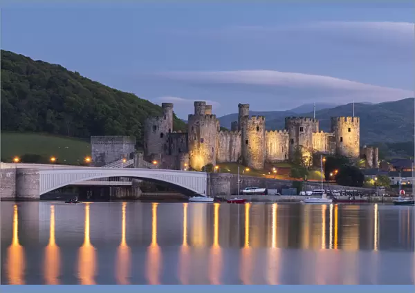 Majestic ruins of Conwy Castle in evening light, Snowdonia National Park, Wales, UK