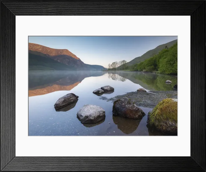 Framed Print : Mirror reflections at dawn on Llyn Cwellyn in Snowdonia National Park, Wales, UK. Spring Framed Print : Mirror reflections at dawn on Llyn Cwellyn in Snowdonia National Park, Wales, UK. Spring