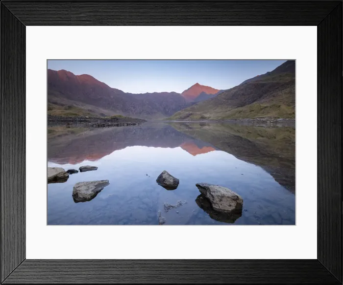 Framed Print : Mount Snowdon bathed in the first light of dawn and reflected in Llyn Llydaw Framed Print : Mount Snowdon bathed in the first light of dawn and reflected in Llyn Llydaw