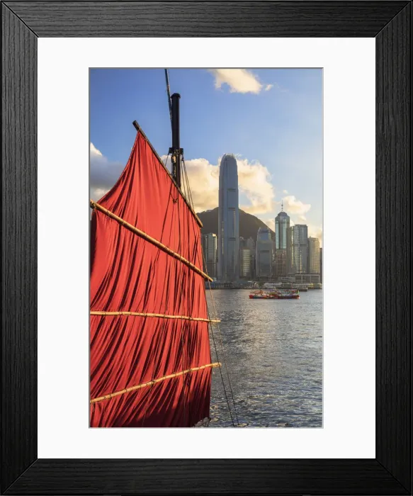 Framed Print : Sail of junk boat and skyline of Hong Kong Island, Hong Kong Framed Print : Sail of junk boat and skyline of Hong Kong Island, Hong Kong