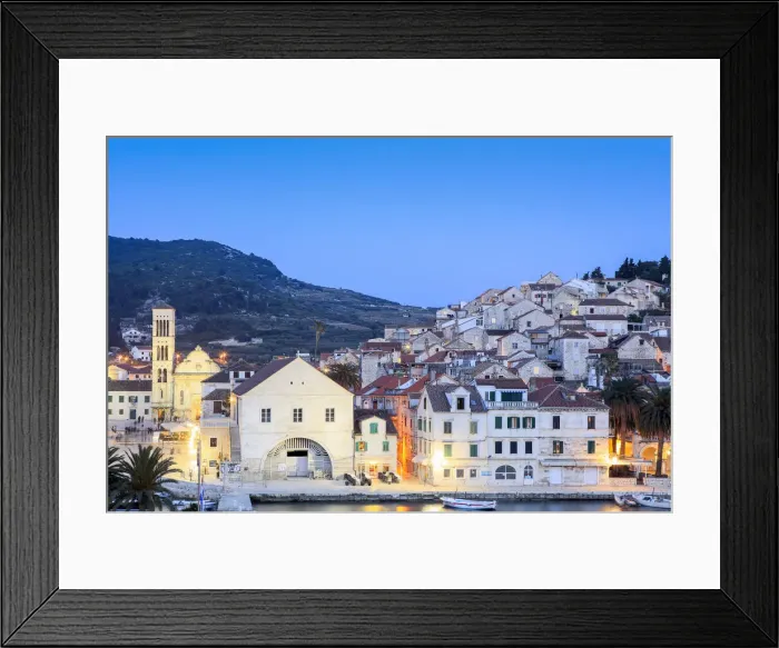 Framed Print : Europe, Eastern Europe, Croatia, Hvar. Hvar town at dusk on Hvar Island in Dalmatia Framed Print : Europe, Eastern Europe, Croatia, Hvar. Hvar town at dusk on Hvar Island in Dalmatia