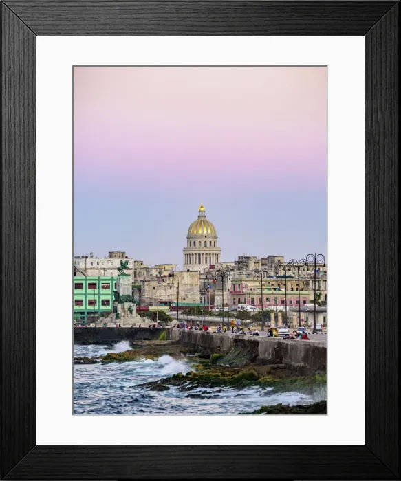 Framed Print : View over El Malecon and Centro Habana towards El Capitolio at dusk, Havana Framed Print : View over El Malecon and Centro Habana towards El Capitolio at dusk, Havana