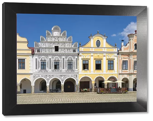 Iconic houses with arcades and high gables at Zacharias of Hradec Square, UNESCO, Telc