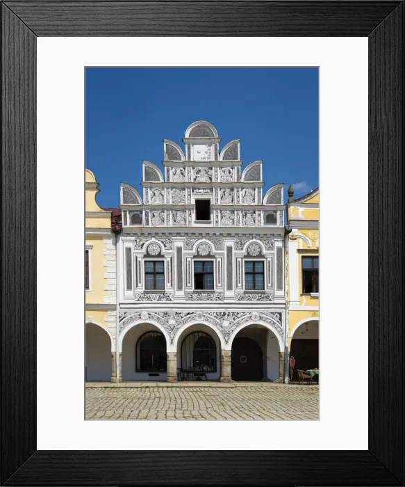 Framed Print : Iconic house with arcades and high gable at Zacharias of Hradec Square, UNESCO, Telc Framed Print : Iconic house with arcades and high gable at Zacharias of Hradec Square, UNESCO, Telc