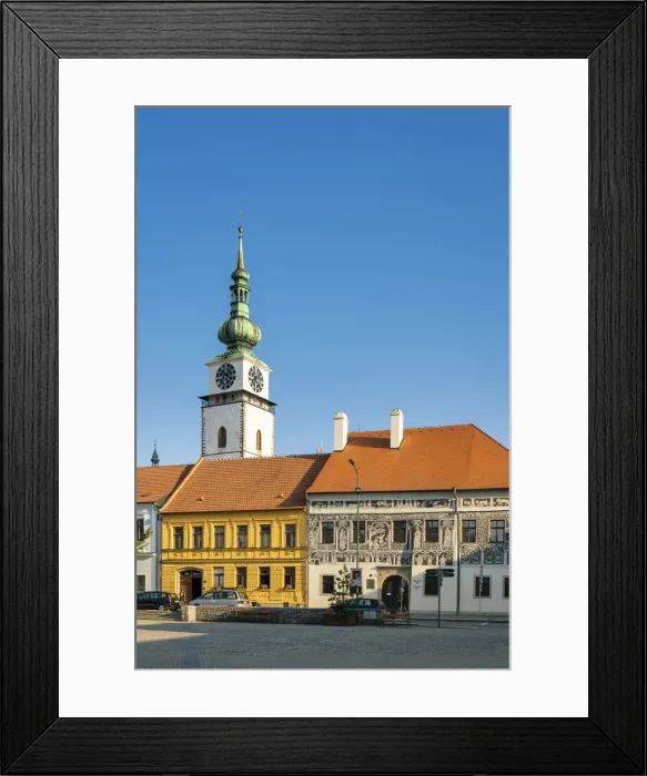 Framed Print : Mestska vez (City tower) and Painted House at Karlovo namesti (Charles Square), Trebic Framed Print : Mestska vez (City tower) and Painted House at Karlovo namesti (Charles Square), Trebic