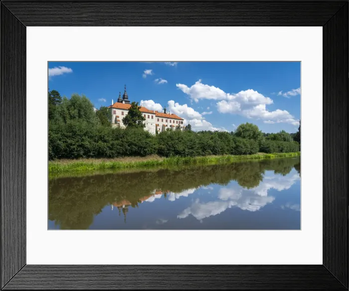 Framed Print : St. Procopius Basilica reflecting in Jihlava River on sunny day, UNESCO, Trebic Framed Print : St. Procopius Basilica reflecting in Jihlava River on sunny day, UNESCO, Trebic