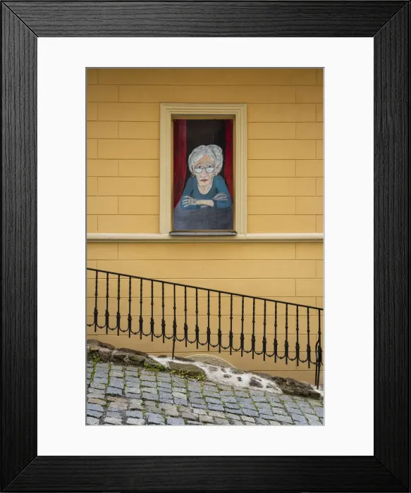 Framed Print : Street art of senior woman looking out of window, Loket, Sokolov District Framed Print : Street art of senior woman looking out of window, Loket, Sokolov District