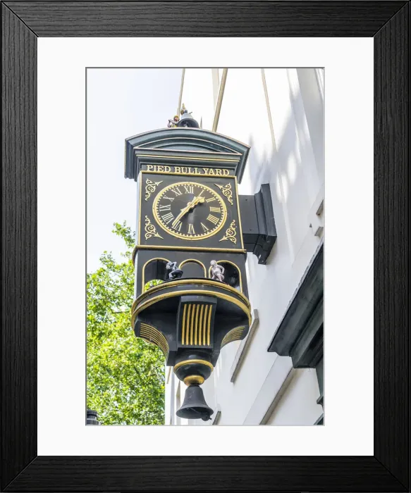 Framed Print : Clock at Pied Bull Yard, Bloomsbury, London, England, UK Framed Print : Clock at Pied Bull Yard, Bloomsbury, London, England, UK