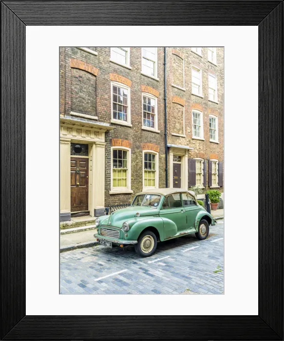 Framed Print : Morris Minor car and 18th Century Georgian town houses, Shoreditch, London, England, Uk Framed Print : Morris Minor car and 18th Century Georgian town houses, Shoreditch, London, England, Uk