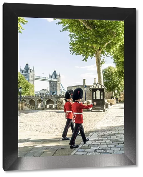 Queens Guards marching at the Tower of London, UNESCO World Heritage site, London