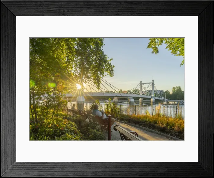 Framed Print : People relaxing by Albert Bridge at sunset, London, England, UK