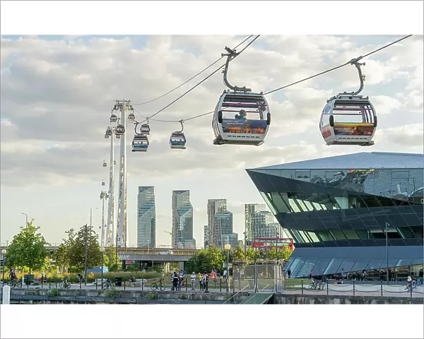 Emirates Airline Cable car and the crystal Building, London, England, UK