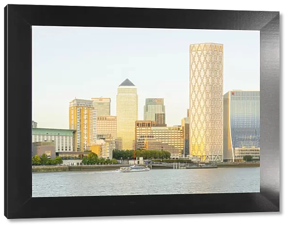 Canary Wharf and the River Thames at sunset, , London, England, UK
