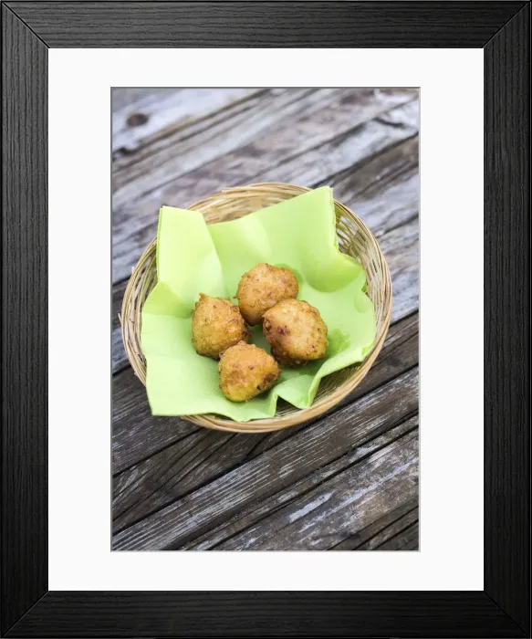 Framed Print : France, Guadeloupe, Iles des Saintes, The tipical accras in a snack bar on Terre de Haut Framed Print : France, Guadeloupe, Iles des Saintes, The tipical accras in a snack bar on Terre de Haut