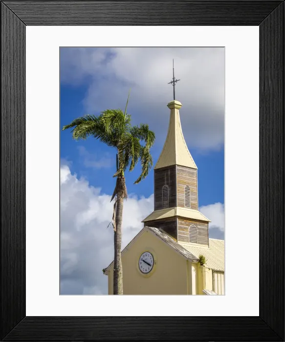 Framed Print : France, Guadalupe, Port Louis, View of the bell tower of the Notre Dame-du-Bon-Secours Framed Print : France, Guadalupe, Port Louis, View of the bell tower of the Notre Dame-du-Bon-Secours