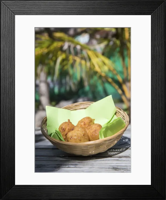 Framed Print : France, Guadeloupe, Iles des Saintes, The tipical accras in a snack bar on Terre de Haut Framed Print : France, Guadeloupe, Iles des Saintes, The tipical accras in a snack bar on Terre de Haut
