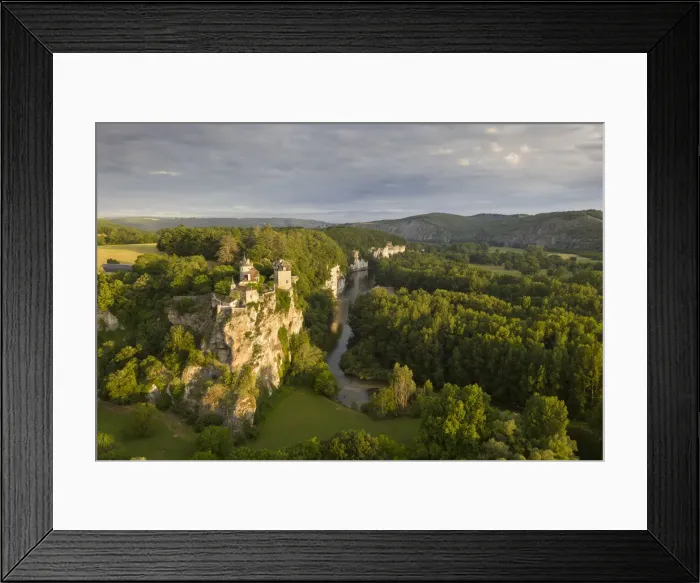 Framed Print : France, Occitanie, Lot, Lacave, Chateau de Belcastel, aerial view of Belcastel catsle Framed Print : France, Occitanie, Lot, Lacave, Chateau de Belcastel, aerial view of Belcastel catsle