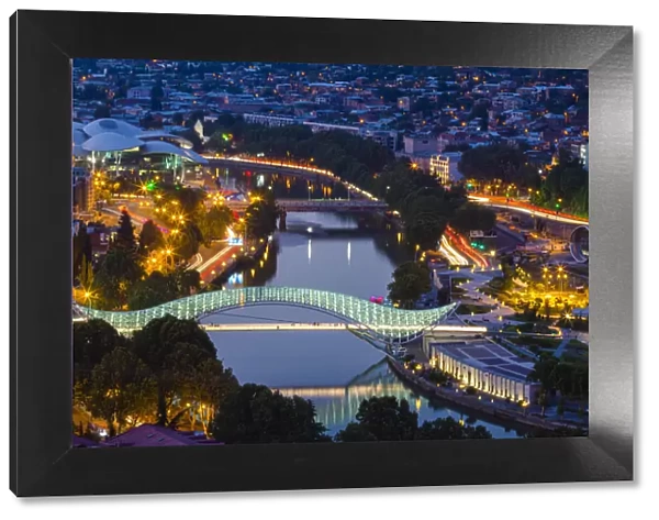 Elevated view of The Bridge of Peace at twilight, Tbilisi, Georgia