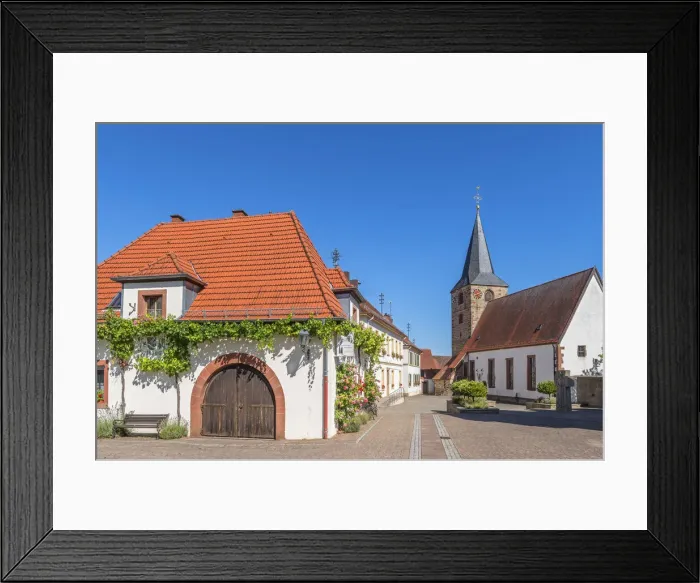 Framed Print : Restaurant and church at Oberrottenbach, Palatinate wine road, Rhineland-Palatinate Framed Print : Restaurant and church at Oberrottenbach, Palatinate wine road, Rhineland-Palatinate