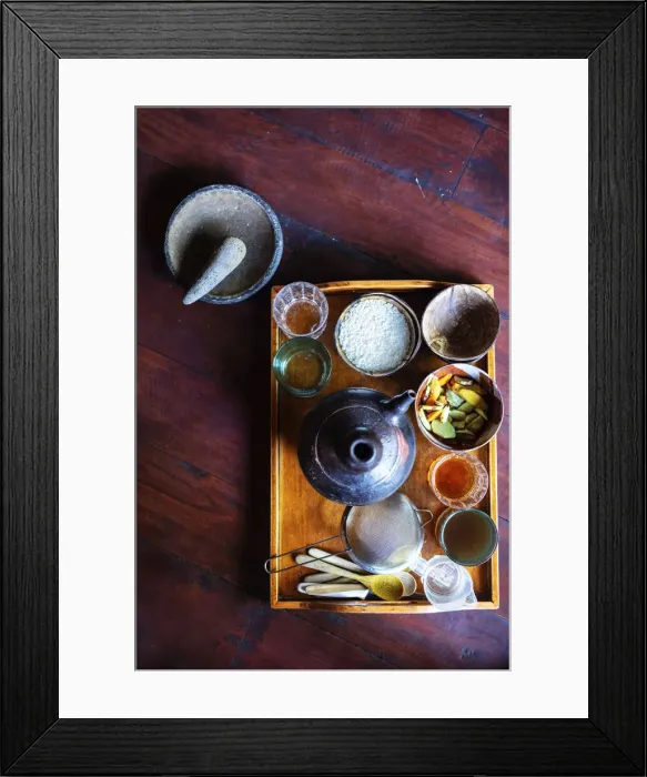 Framed Print : Indonesia, Bali. Ingredients for the preparation of Jamu juice - a tonic made from white Framed Print : Indonesia, Bali. Ingredients for the preparation of Jamu juice - a tonic made from white